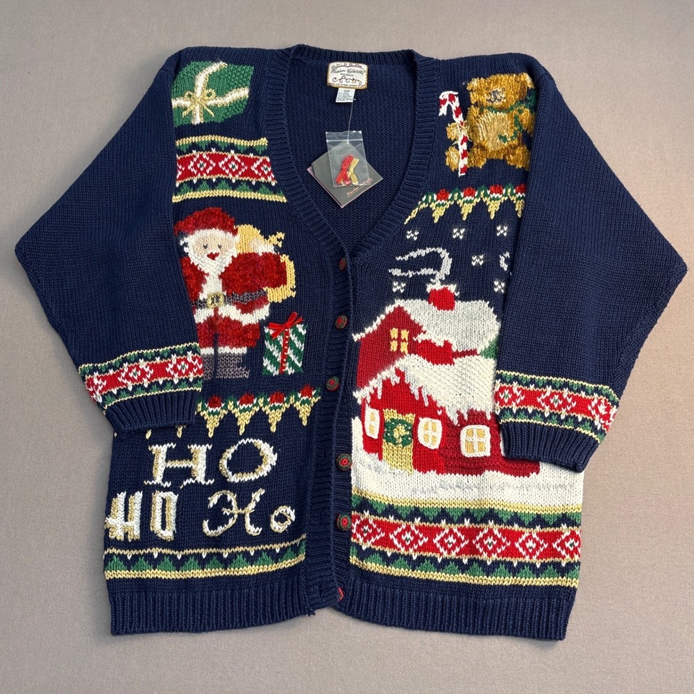 Heirloom Collectibles Vintage Christmas Cardigan Santa Teddy Navy Blue 18/20